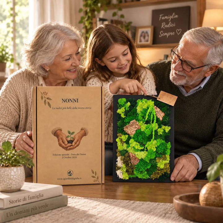 Nonni con nipotina e quadro rettangolare in muschio e licheni stabilizzati 30x40 cm, idea regalo per la Festa dei Nonni
