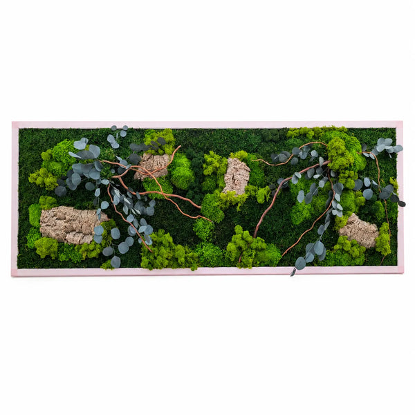 Quadro di muschio e licheni con elementi decorativi 140x50 cm con cornice bianca
