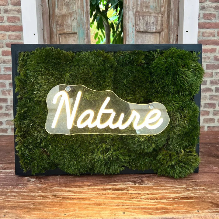 Quadro muschio stabilizzato - quadro rettangolare con scritta Nature illuminata su parete di legno
