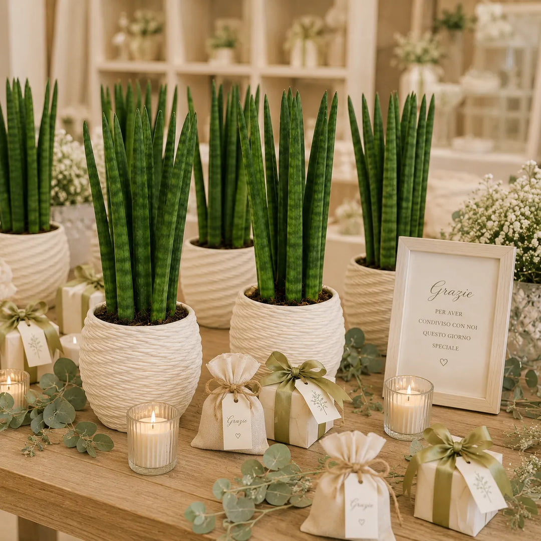 Composizione di Sansevieria Cylindrica in vasi bianchi utilizzata come bomboniera green e decorazione per tavola matrimonio elegante.