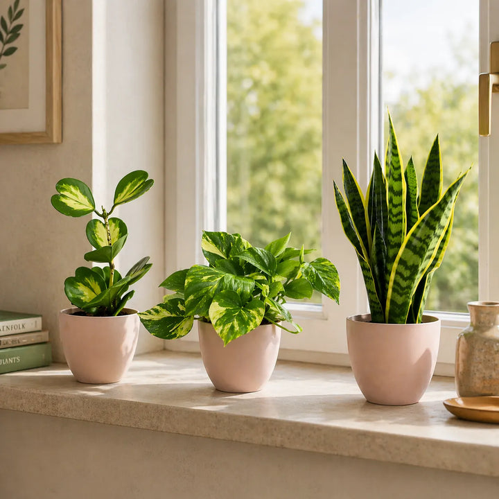 piante da interno con sansevieria pothos e peperomia vicino finestra in ambiente luminoso