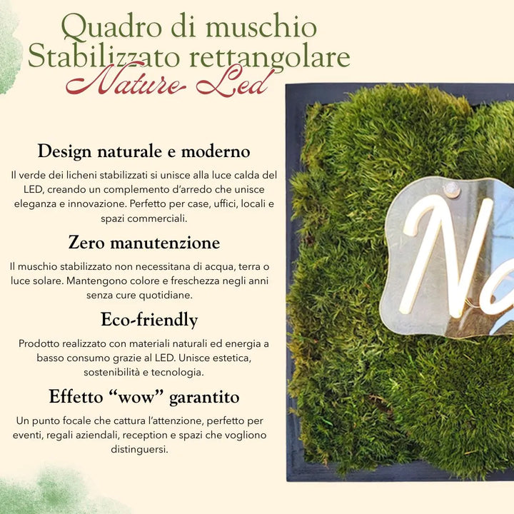 Quadro muschio stabilizzato rettangolare - dettagli del sistema di alimentazione USB e controllo intensità luminosa