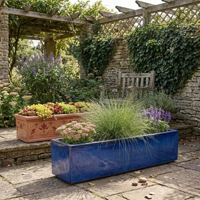 Stipa Tenuissima in vaso - erba delle piume in fioriera rettangolare blu su un balcone