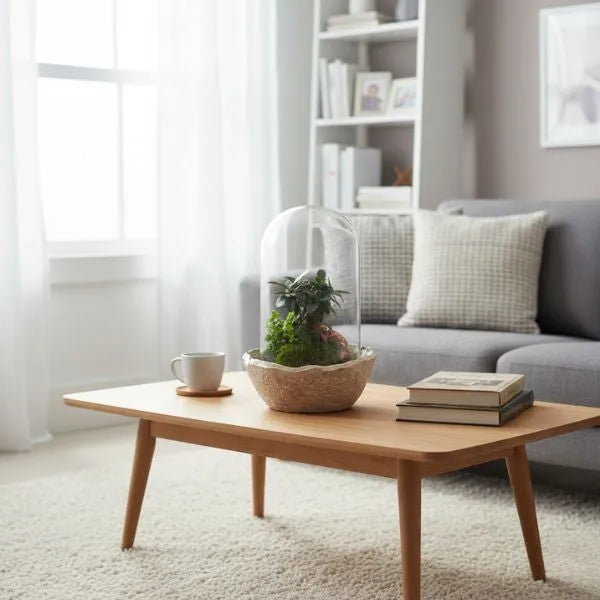 Terrarium con bonsai ficus in campana di vetro su tavolino in legno in soggiorno moderno, complemento d’arredo green per ambienti eleganti.
