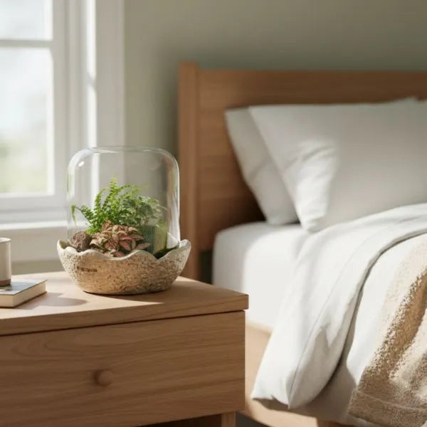 Terrarium in campana di vetro con piante verdi decorative posizionato su comodino in legno in camera da letto luminosa, complemento d’arredo elegante per interni.