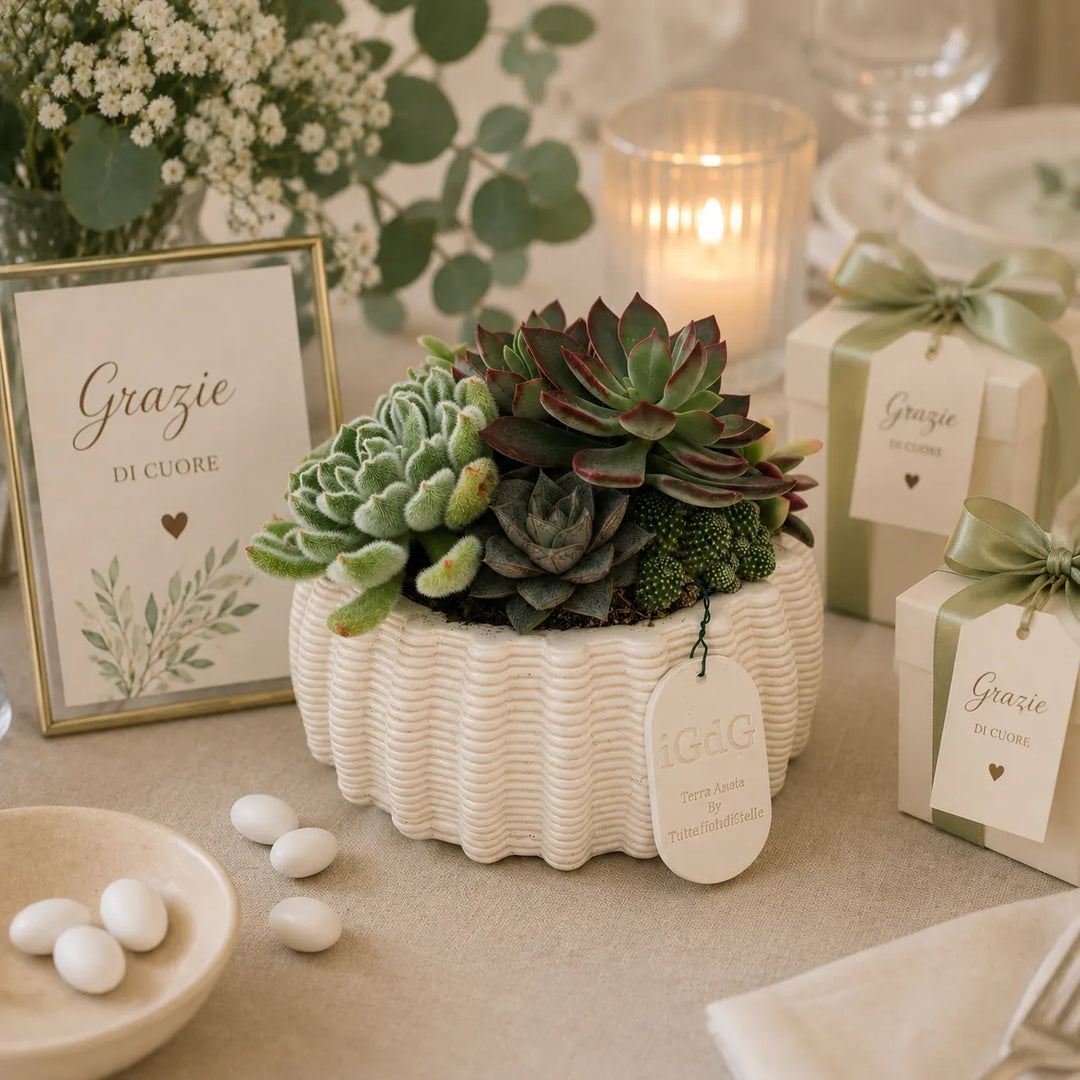 Composizione di succulente vive in vaso di argilla artigianale Dioniso, ideale per arredare casa con uno stile naturale ed elegante.
