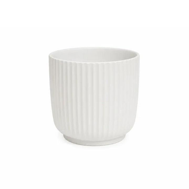 Vaso Pitti bianco con superficie rigata verticale, design moderno ed elegante, ideale per piante da interno e composizioni decorative.