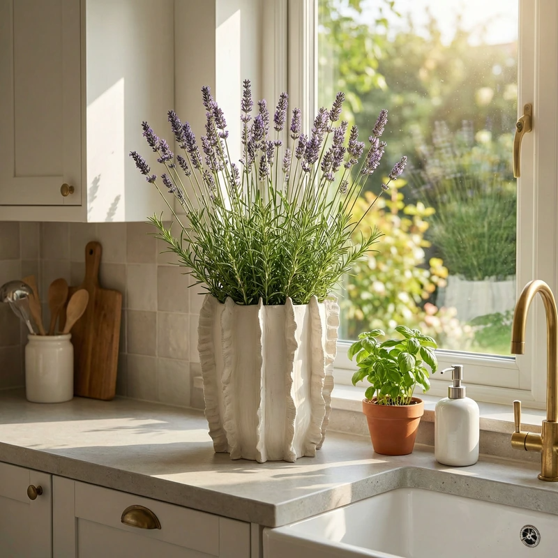 Vaso Penelope con pianta di lavanda su piano cucina vicino alla finestra luminosa