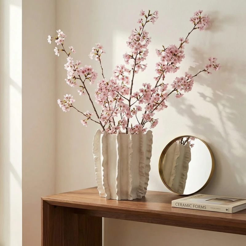 Vaso artigianale con rami di fiori rosa su mobile in legno stile minimal elegante
