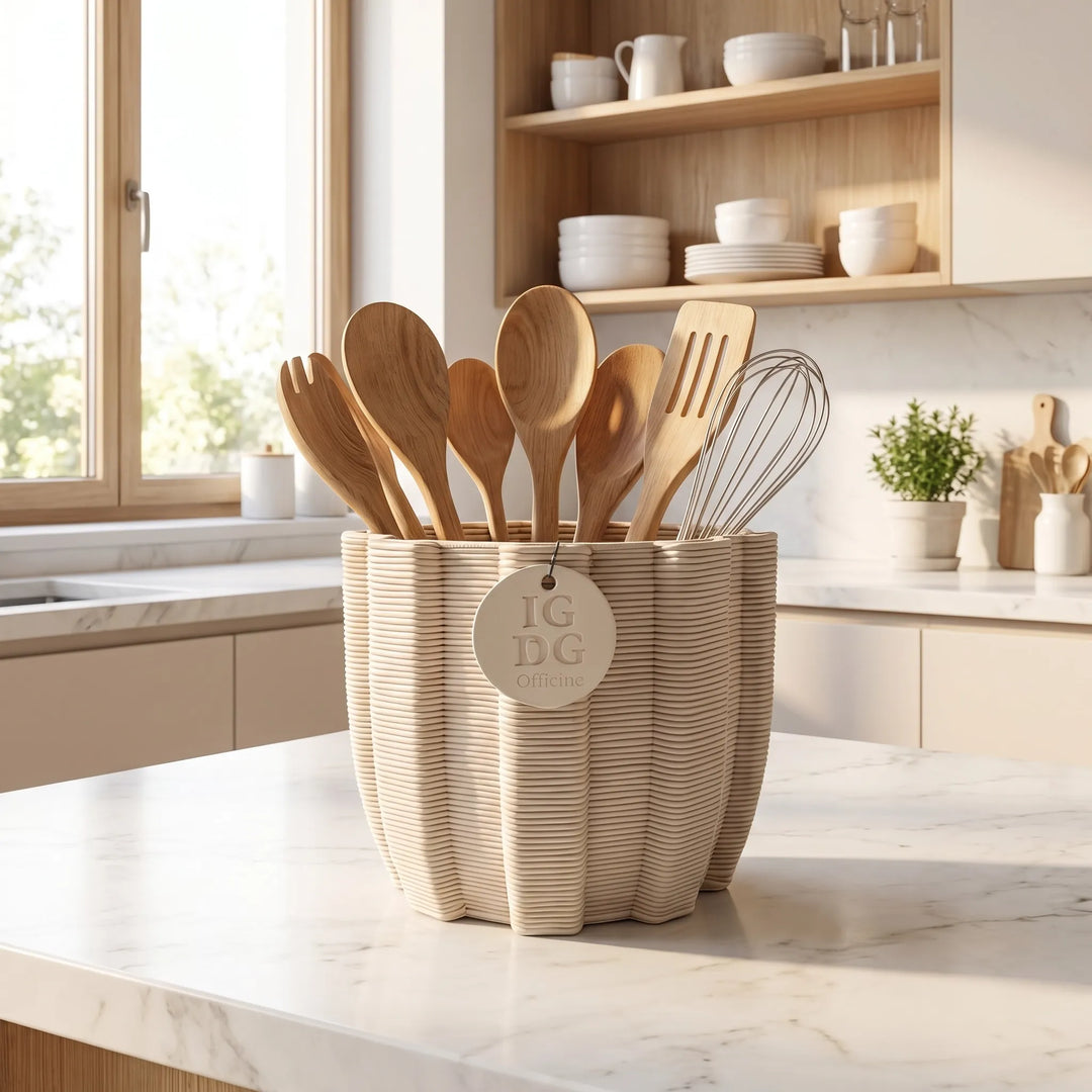 vaso in ceramica artigianale utilizzato come porta utensili da cucina in ambiente moderno