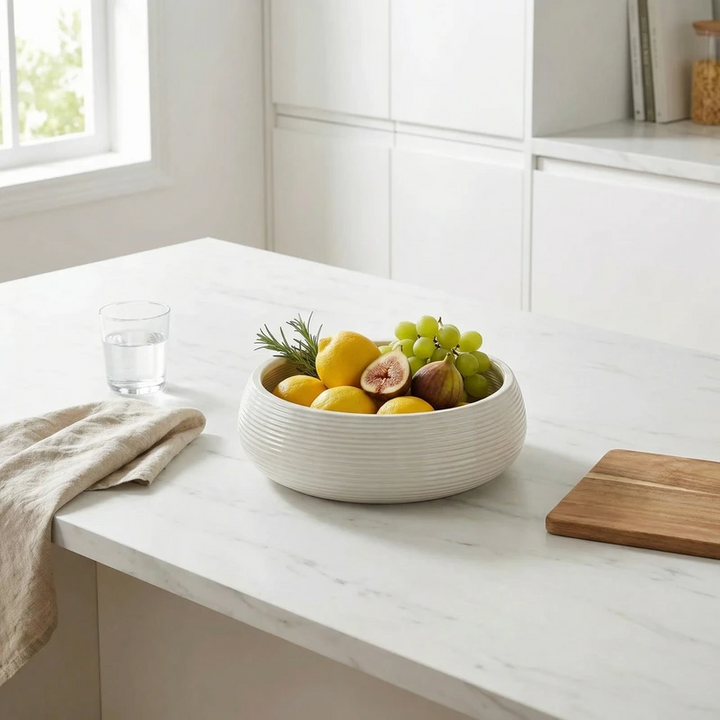 Vaso ovale in ceramica utilizzato come portafrutta con limoni, fichi e uva su piano cucina moderno