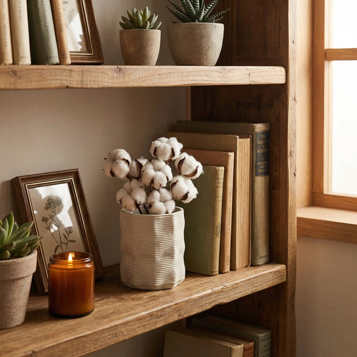 Vaso in ceramica con rami di cotone su libreria in legno con libri decorativi