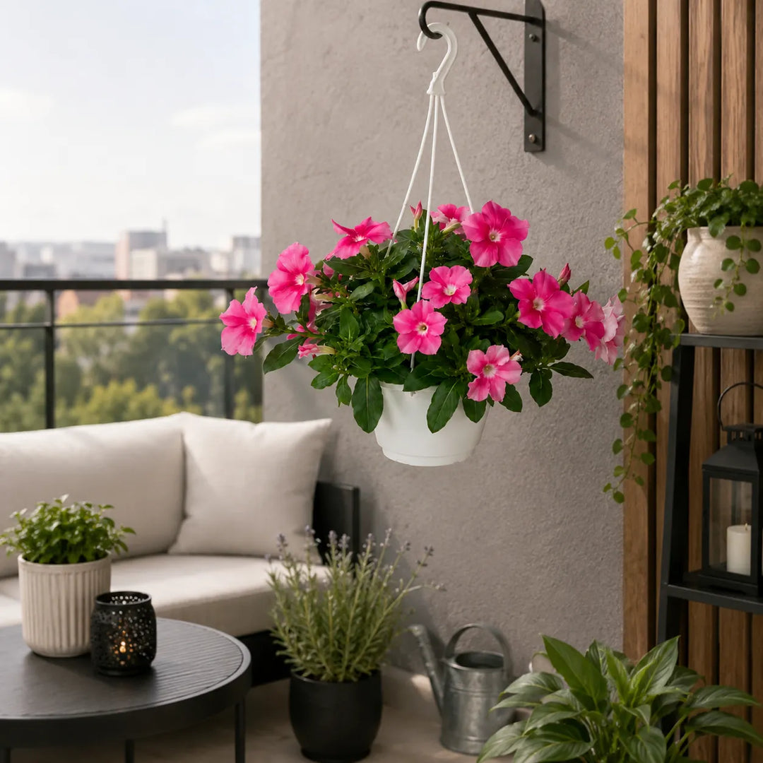 Vinca pendula rosa con ricca fioritura in vaso sospeso su balcone contemporaneo, resistente al sole e adatta agli spazi esterni.