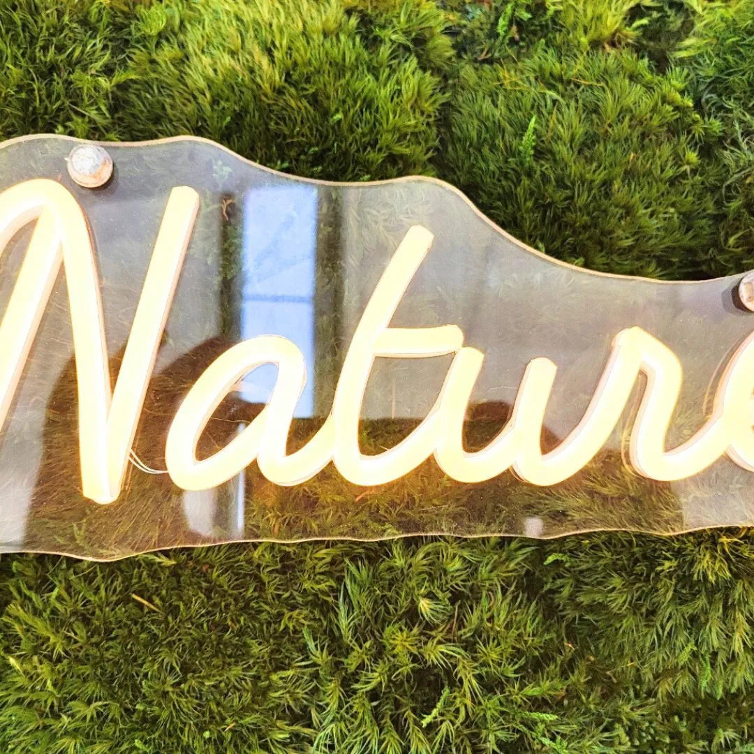 Quadro muschio stabilizzato LED - primo piano della scritta Nature illuminata da LED sul muschio