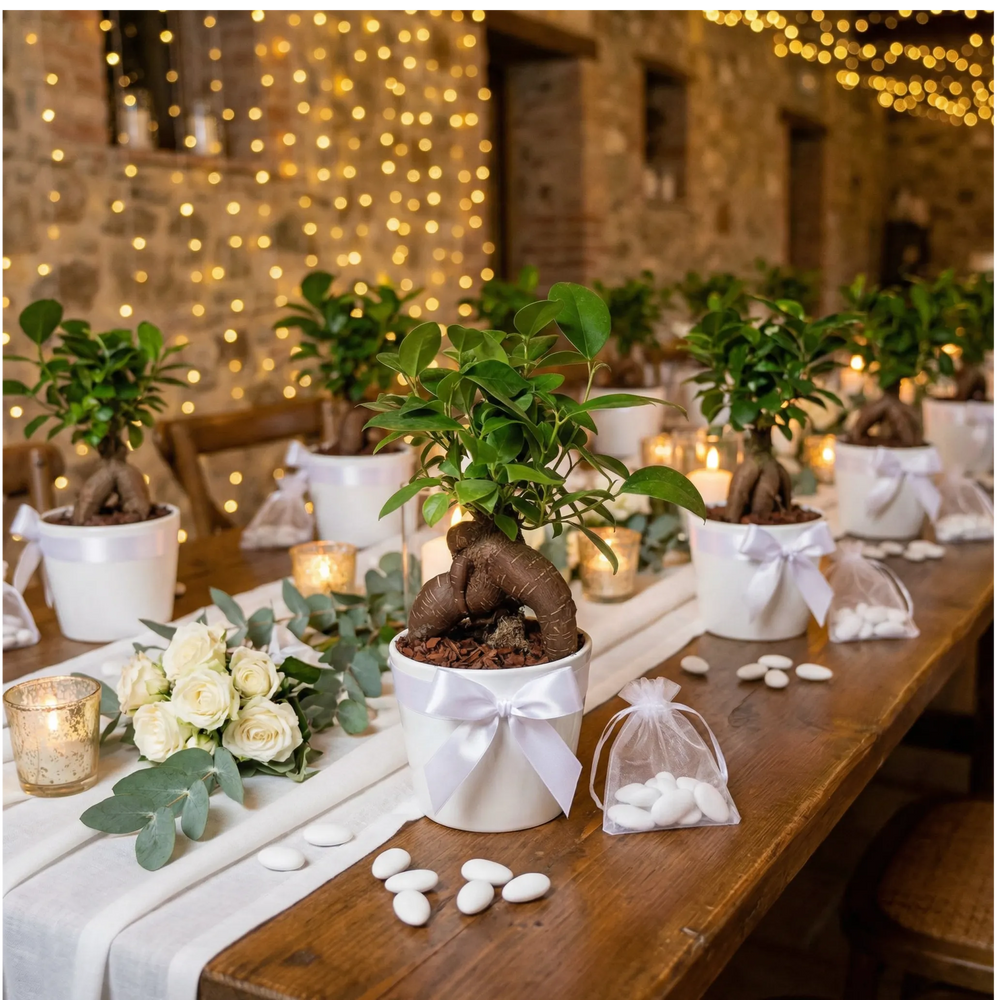 Bonsai Ficus Ginseng Mini - bomboniera elegante su tavolo da matrimonio con confetti e decorazioni