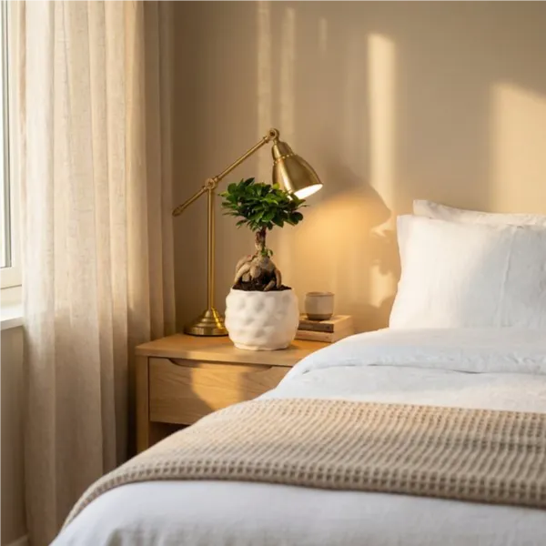 Bonsai Ficus Ginseng - vaso Athena L su comodino in rovere in camera da letto