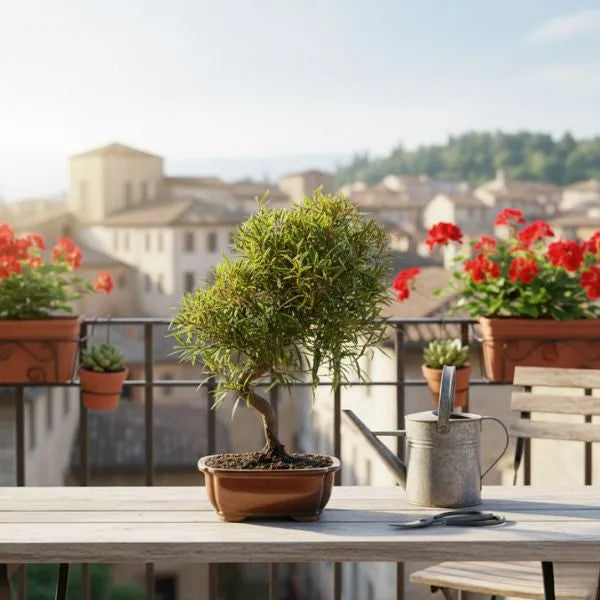 Bonsai Ficus Neriifolia in vaso basso di ceramica marrone su terrazzo con gerani rossi e annaffiatoio decorativo