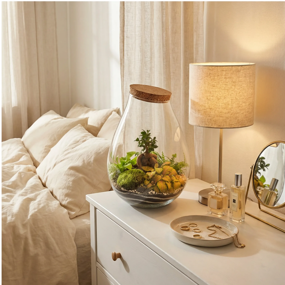 Terrarium con piante verdi - Dettaglio interno con muschio e piccole piante