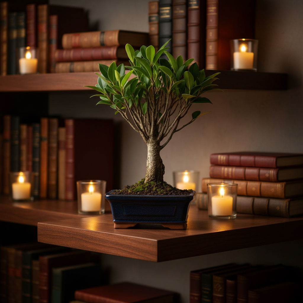 Bonsai Ficus Retusa - vista ravvicinata delle foglie e delle radici aeree su mensola in legno scuro