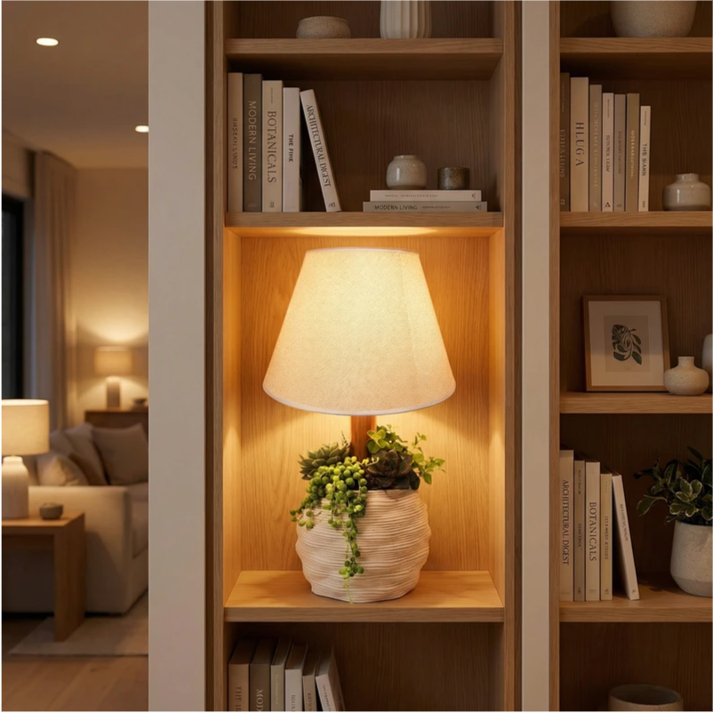 Lume decorativo con composizione di piante grasse in vaso. Una lampada elegante che illumina e arreda ambienti come soggiorno, studio o ingresso.