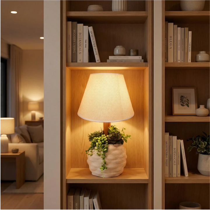Lume decorativo con composizione di piante grasse in vaso. Una lampada elegante che illumina e arreda ambienti come soggiorno, studio o ingresso.