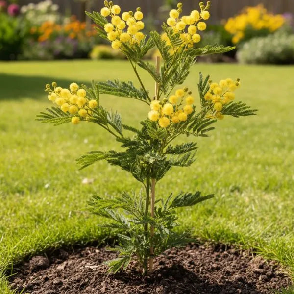 Albero mimosa - pianta di mimosa fiorita con fiori gialli e fogliame verde in un giardino