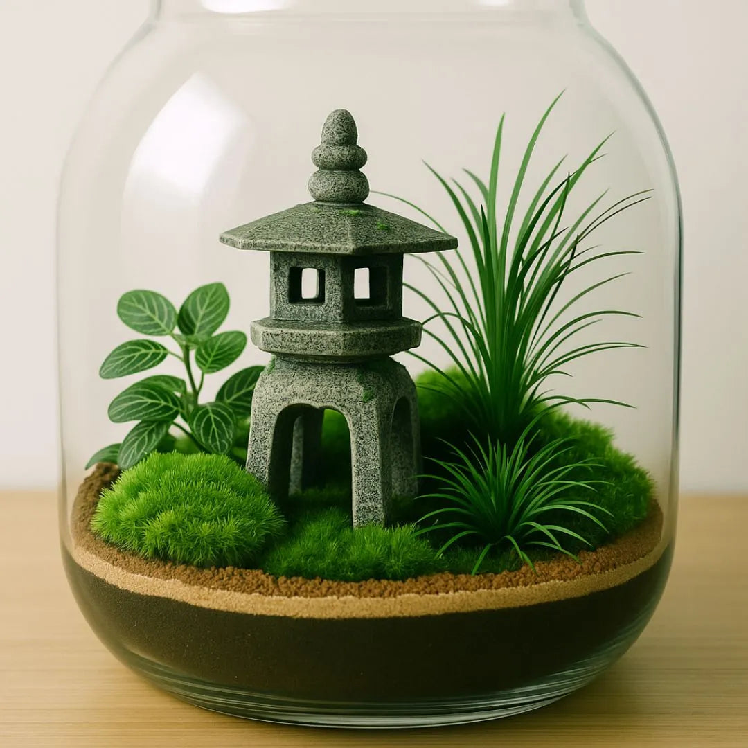 Terrarium con muschio e piante verdi, decorato con pagoda giapponese in resina, composizione zen in vaso di vetro.