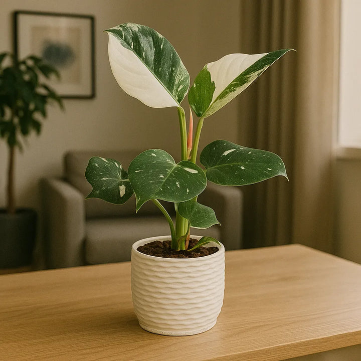 Philodendro White in vaso di ceramica bianca - pianta variegata su tavolo