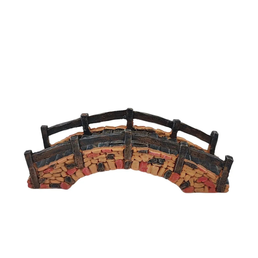 Ponte in resina decorativa effetto pietra e mattoni, con struttura ad arco e corrimano, perfetto per giardini in vetro e miniature botaniche