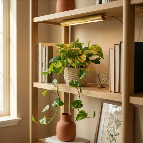 Pothos Scindapsus Aurea - pianta ricadente su mensola in bagno moderno con dettagli in legno