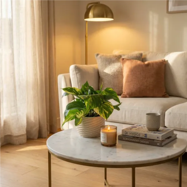 Pothos Scindapsus Aurea - pianta da interno su tavolino in soggiorno moderno con luce naturale
