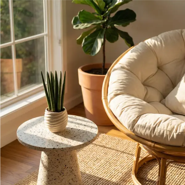 Sansevieria Cylindrica cura - vaso Carina su tavolino da esterno, con poltrona e ficus, dettaglio foglie