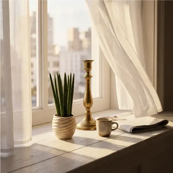 Sansevieria Cylindrica prezzo - pianta da interno facile in vaso Carina su davanzale con candeliere e tazzina, dettagli di arredo