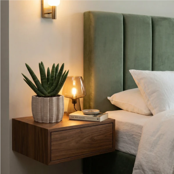 Pianta Sansevieria Swasdi - vaso Ares su comodino sospeso in camera da letto