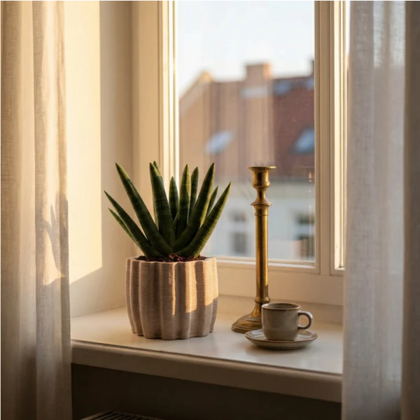 Sansevieria Swasdi - vaso Ares su davanzale con candeliere e tazzina