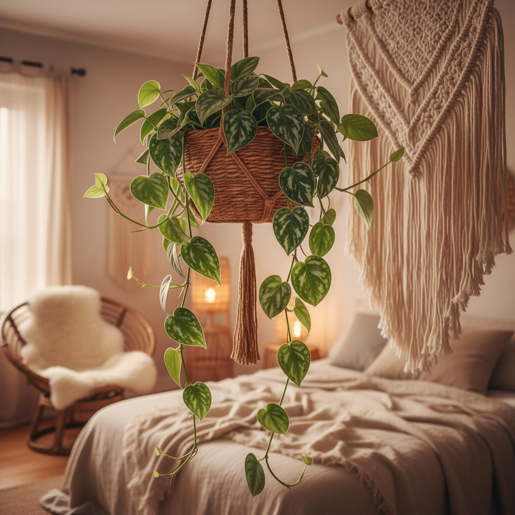 Scindapsus Pictus Trebie - pianta in camera da letto stile bohémien