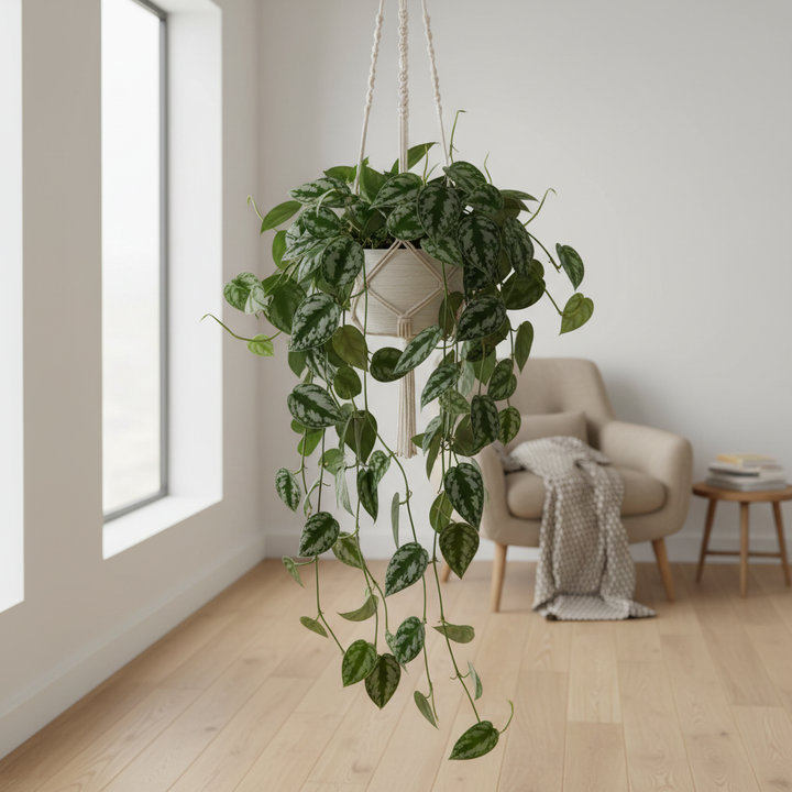 Scindapsus Pictus Trebie - dettaglio foglie vellutate in soggiorno