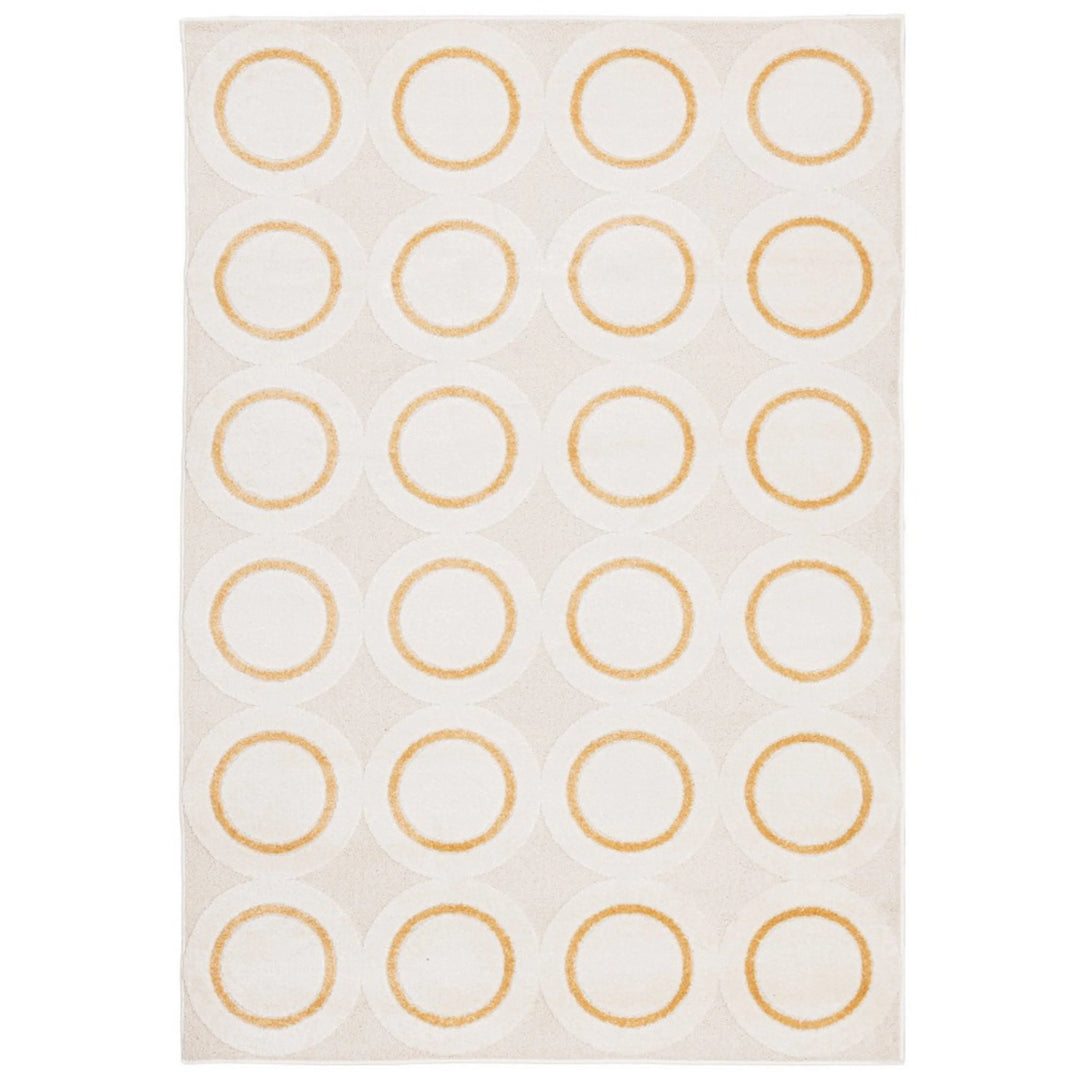 Tappeto moderno con motivo a cerchi concentrici giallo ocra su fondo beige – vista frontale, design geometrico perfetto per salotti moderni e ambienti contemporanei.