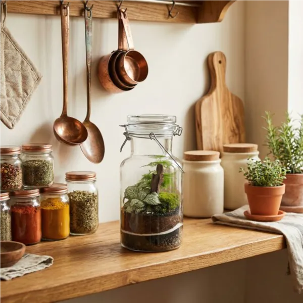 Terrarium barattolo mensola cucina rustica farmhouse spezie rame utensili erbe