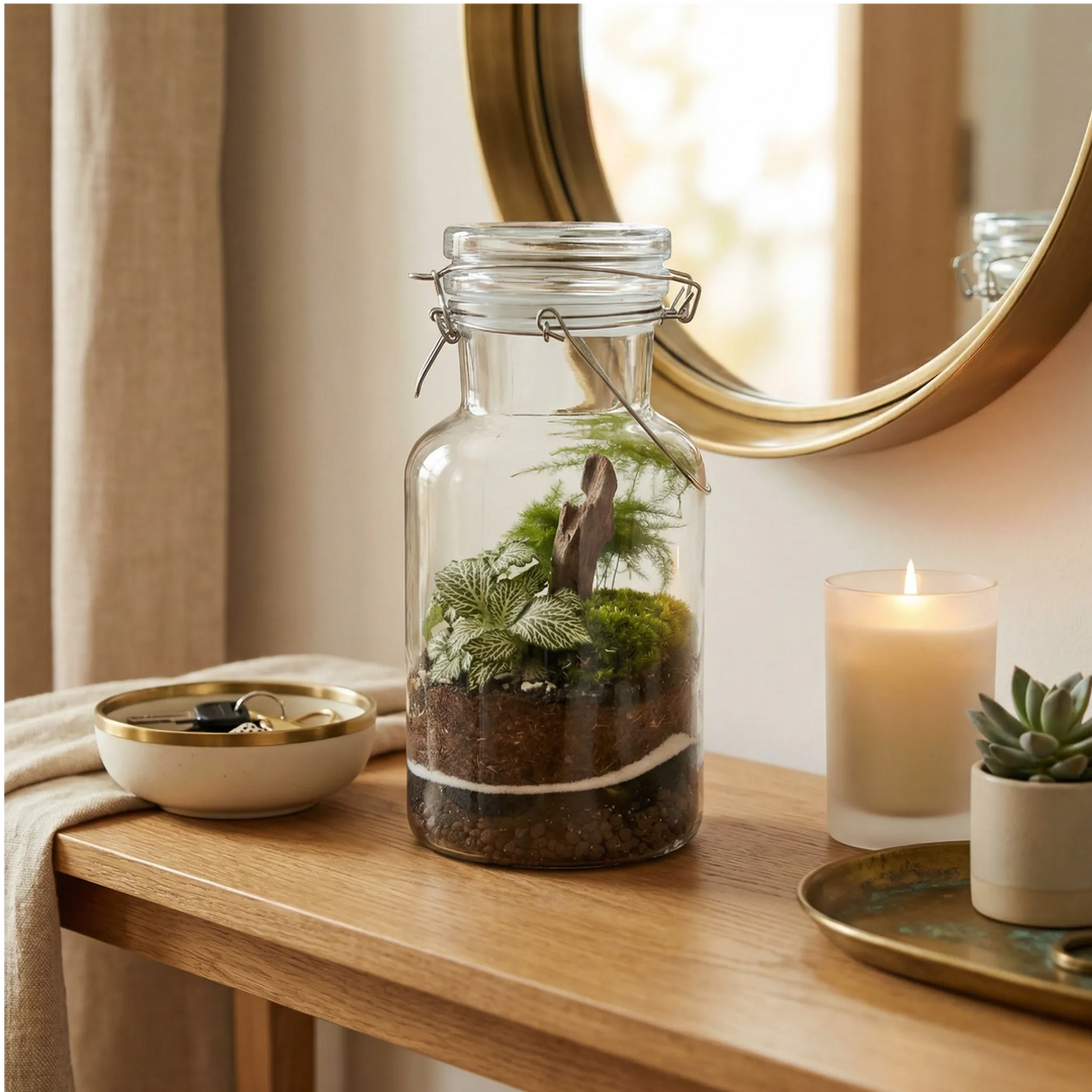 Terrarium barattolo consolle ingresso elegante specchio ottone candela ciotola