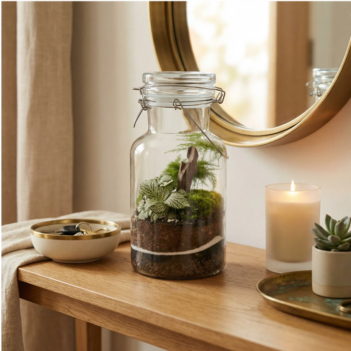 Terrarium barattolo consolle ingresso elegante specchio ottone candela ciotola