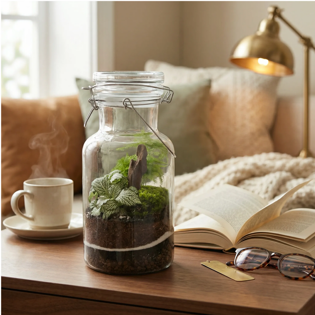 Terrarium barattolo tavolino lettura angolo relax te libro plaid lampada ottone