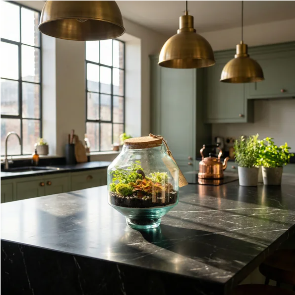 Terrarium Elia fittonia arancio su isola marmo nero in cucina loft con pendenti ottone e luce calda