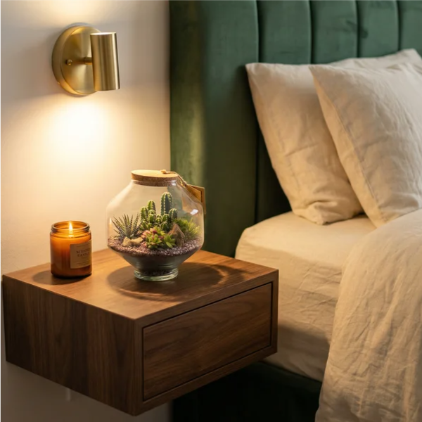 Terrarium Elia piante grasse su comodino sospeso noce in camera da letto con testiera verde e candela