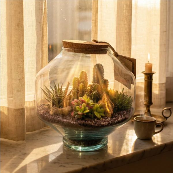 Terrarium Elia piante grasse su davanzale marmo con candeliere ottone e tazzina al tramonto dorato