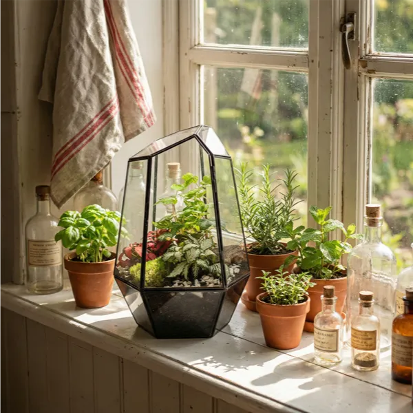 Terrarium Florine 067V - vaso geometrico in vetro su davanzale cucina
