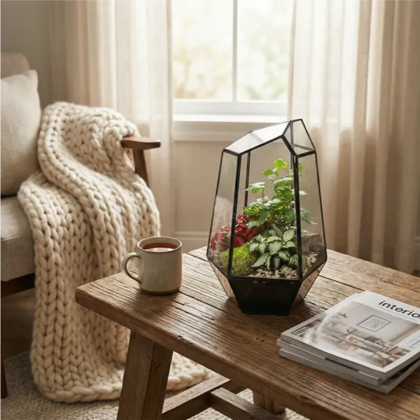Terrarium Florine 067V - composizione di piante verdi su tavolino in soggiorno