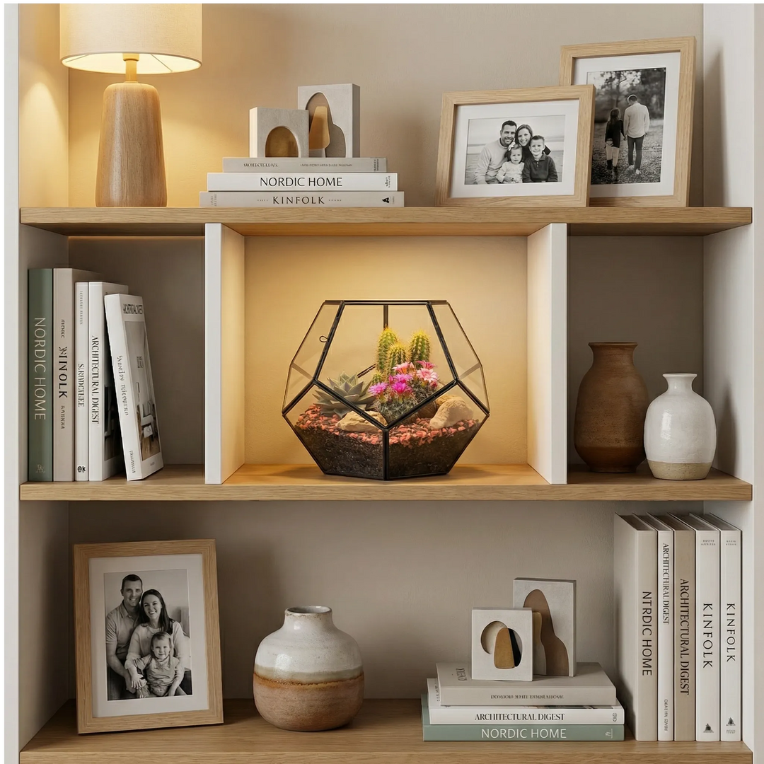 Terrarium piante in vetro su libreria in legno bianco, stile scandinavo