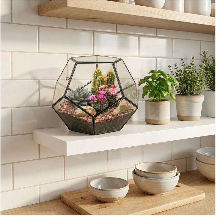 Terrarium piante grasse su mensola bianca in cucina, stile minimalista