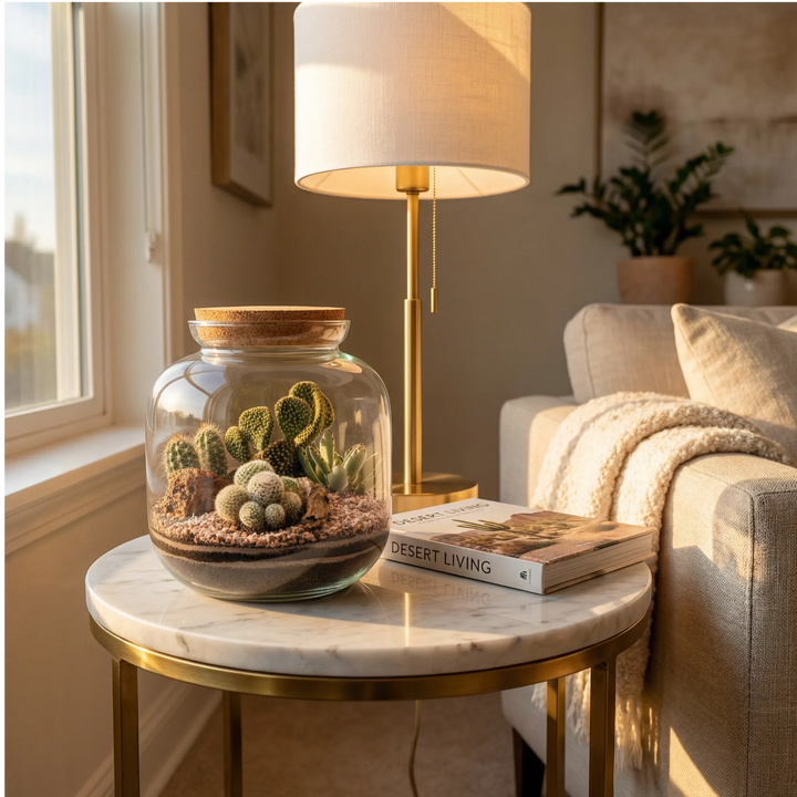 Terrarium Irene vetro sughero deserto cactus su tavolino marmo ottone salotto. Divano beige lampada ottone libro plaid. Elegante contemporaneo.